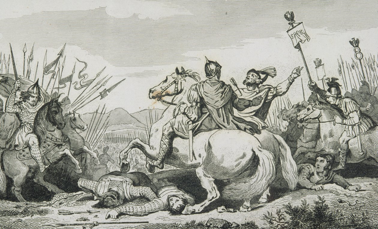 Theodorik megölték az Attila elleni csatában, Chalons közelében, Colart „Histoire de France” című művéből, amely 1840 körül jelent meg. alkotó: French School