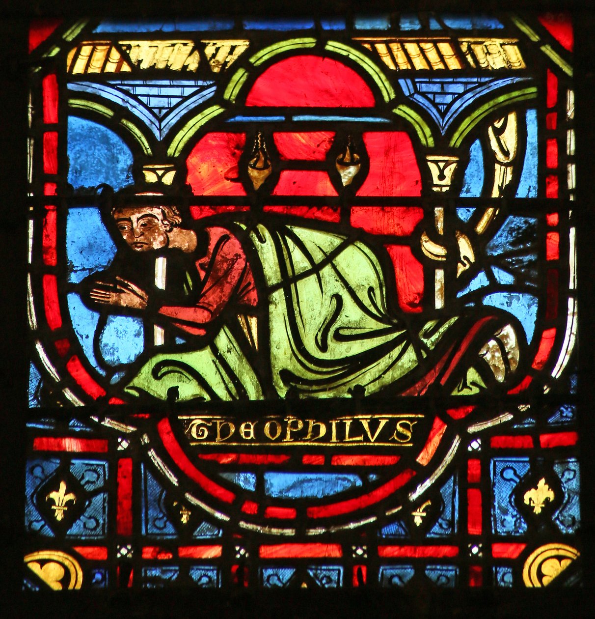 Theophilus leborul a Szűz szobra előtt alkotó: French School