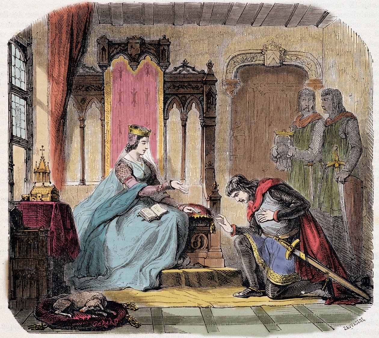 IV. Thibault of Champagne (1201-1253) (más néven I. Navarrai Thibault) a kasztíliai Blanche királynő lábaihoz érkezett, hogy figyelmeztesse őt a veszélyre – de Genouillac „Paris a travers les cuecles” című művében. alkotó: French School
