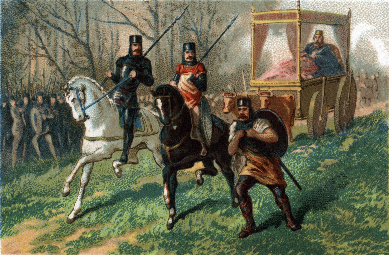 Thierry III azt mondja, hogy a 673a 691 faineant király ökrök által lőtt hintóján sétál át Párizson. Kromolitográfia 1890 körül. alkotó: French School