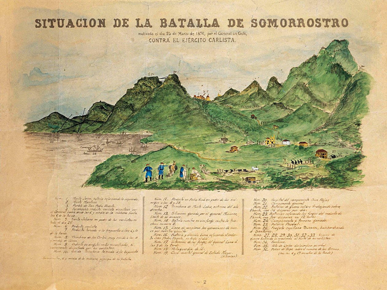 Harmadik karlista háború (1872-1876): a baszkföldi somorrostroi csata leírása 1874.03.25-én (metszet) alkotó: French School