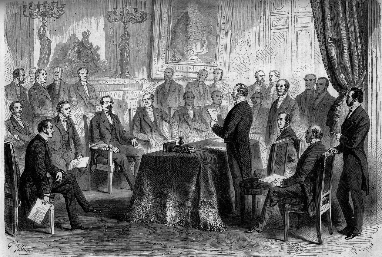 Harmadik Köztársaság: az Államtanács ülése a Tuileriákban III. Napóleon (1808-1873) és báró Eugene Georges Haussmann, Párizs prefektája (1809-1891) jelenlétében. Metszet a „” Le Monde Illustré”” 291. számában, 1862. november 8. alkotó: French School