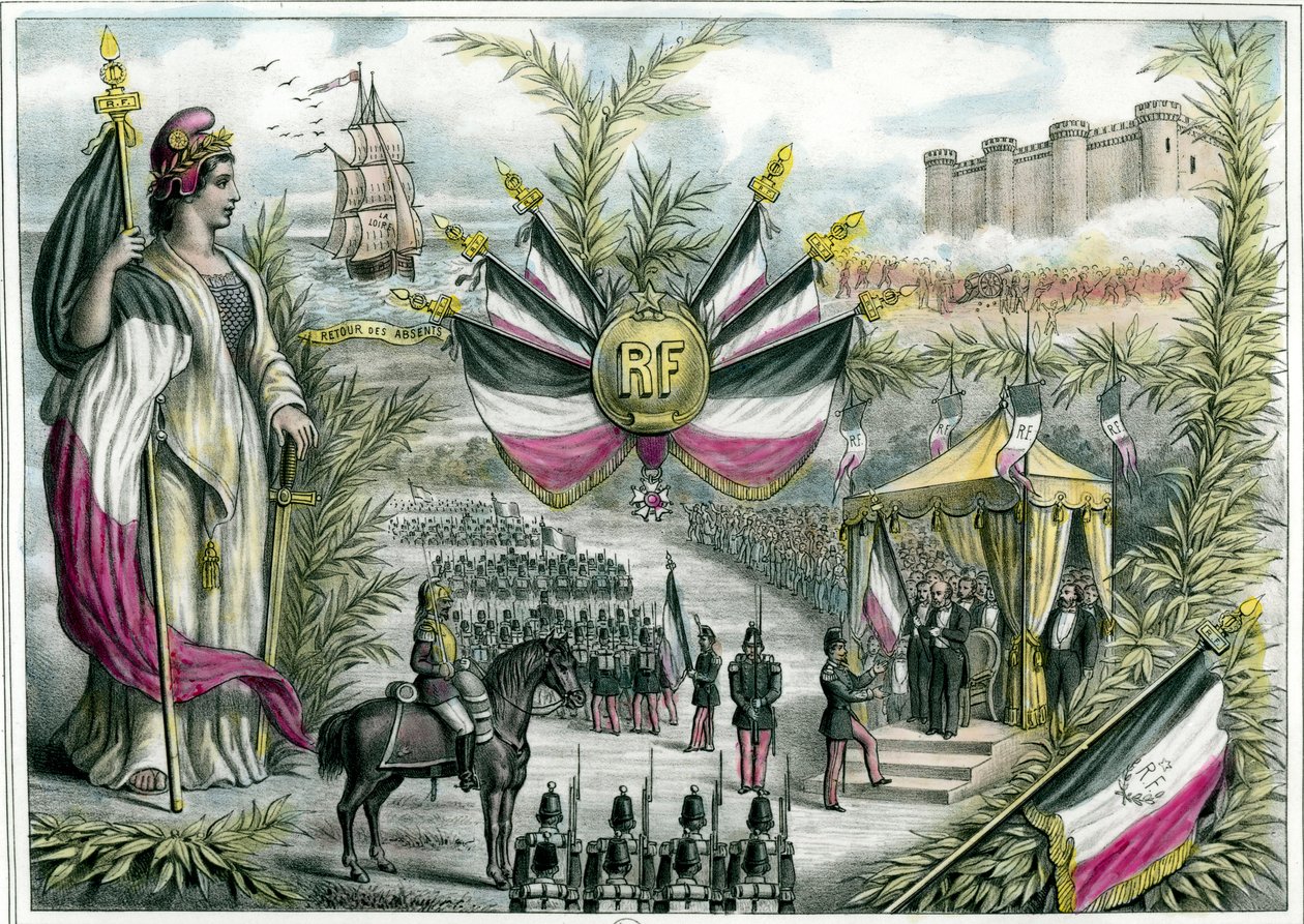 Harmadik köztársaság: a diadalmas köztársaság elnököl az 1880. július 14-i nagy nemzeti ünnepen a Place de la Bastille-on. Július 14-e Franciaország nemzeti ünnepévé válik, és elfogadják a trikoloros zászlót. Metszet 1880 körül Magántulajdon alkotó: French School
