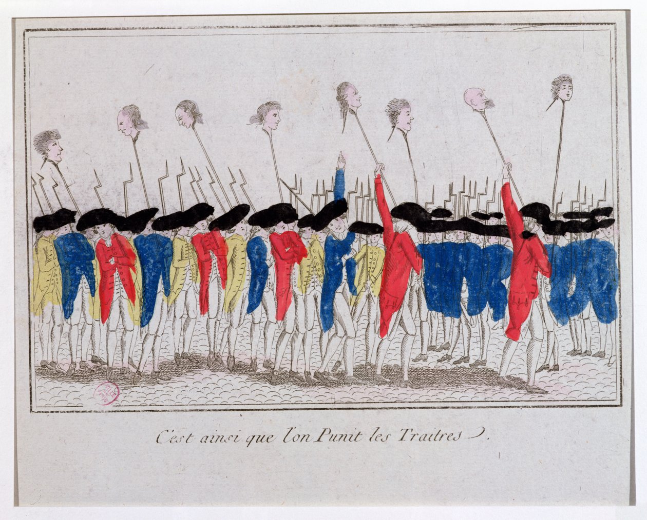 Így büntetik az árulókat, a sans-culotteseket, akik a guillotinozott fejét cipelik, 1789 alkotó: French School