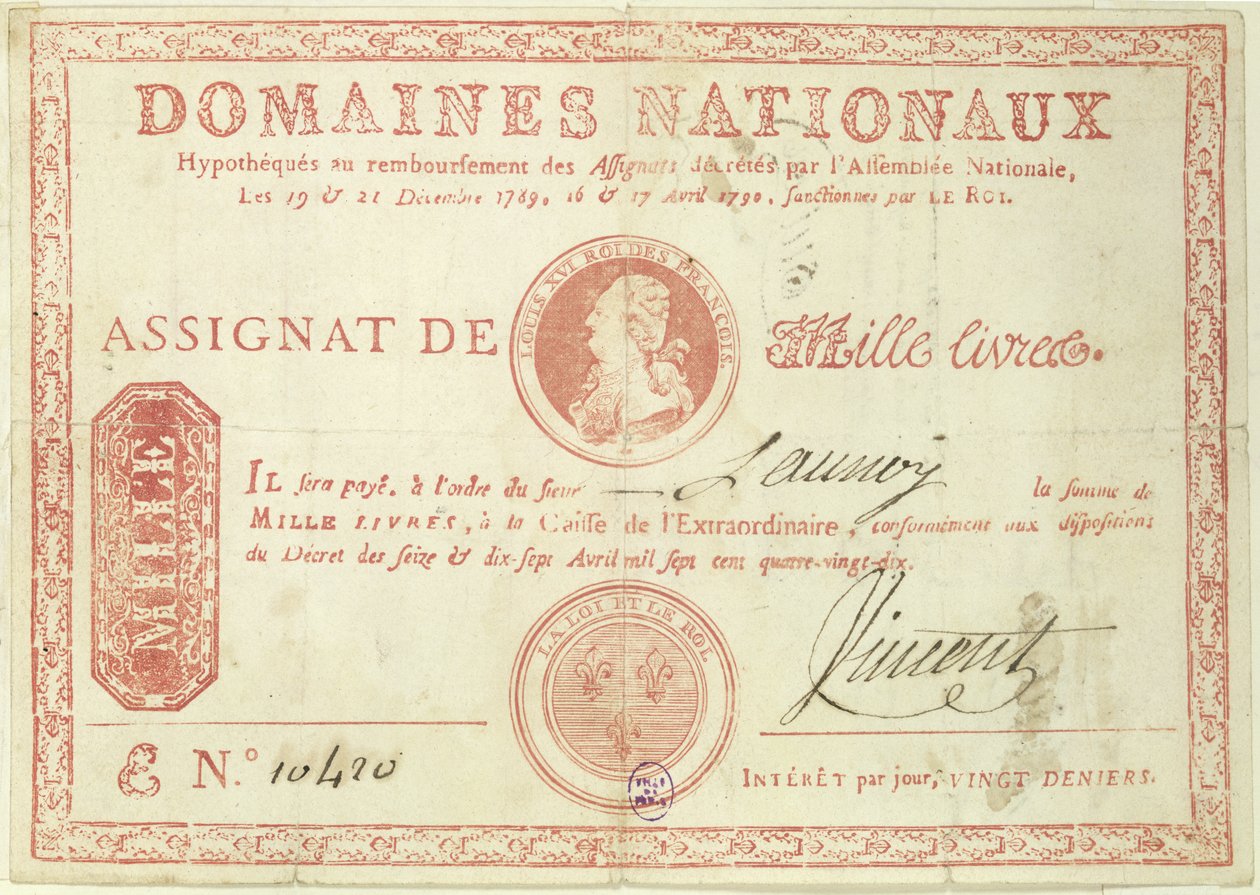 Ezerlivres bankjegy XVI. Lajos (1754-93) képével 1790 alkotó: French School