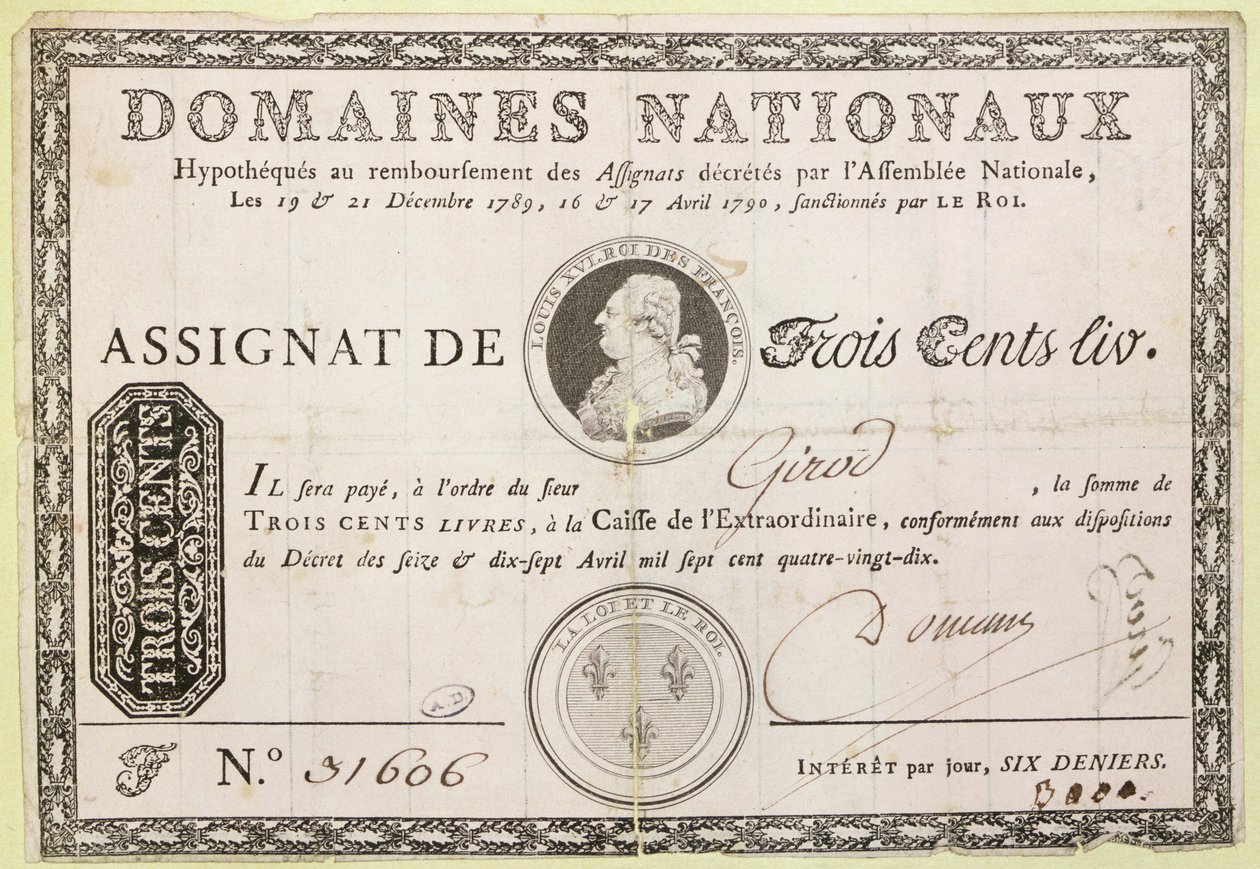 Háromszáz livres bankjegy, 1790 (tintával, papíron) alkotó: French School