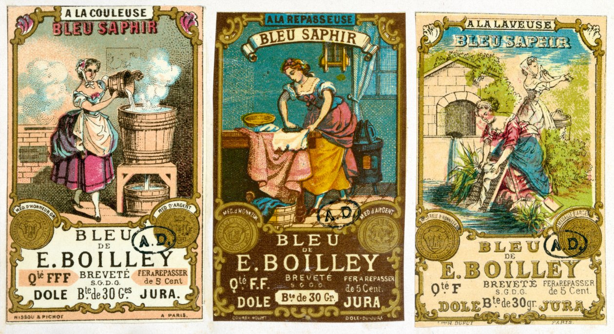 Három címke a Bleu de E. Boilley márkájú mosóporhoz, 1878 alkotó: French School