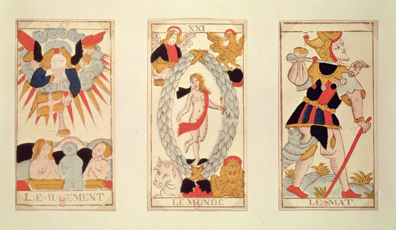Három tarot kártya, amelyek az ítéletet, a világot és a bolondot ábrázolják (színes fametszet) alkotó: French School