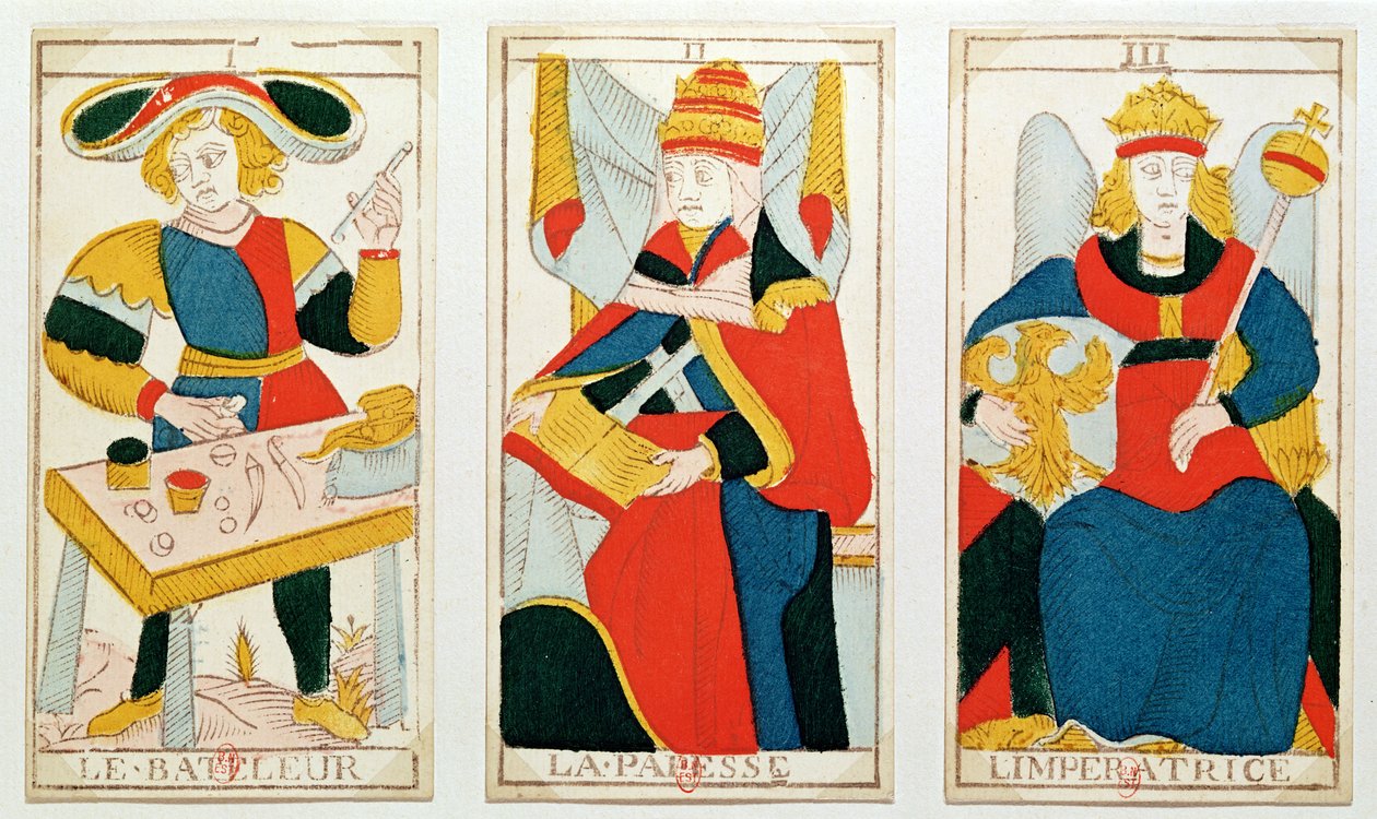 Három tarot kártya, amelyek a varázslót, a főpapnőt és a császárnőt ábrázolják (színes fametszet) alkotó: French School
