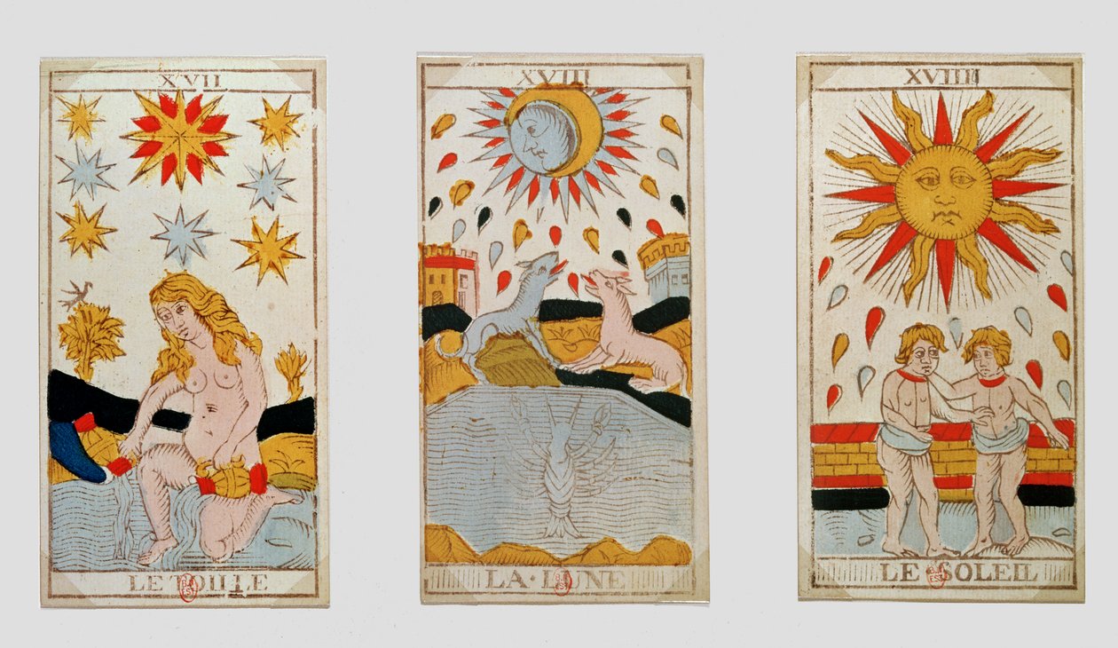 Három tarotkártya, amelyek a csillagot, a holdat és a napot ábrázolják (színes fametszet) alkotó: French School