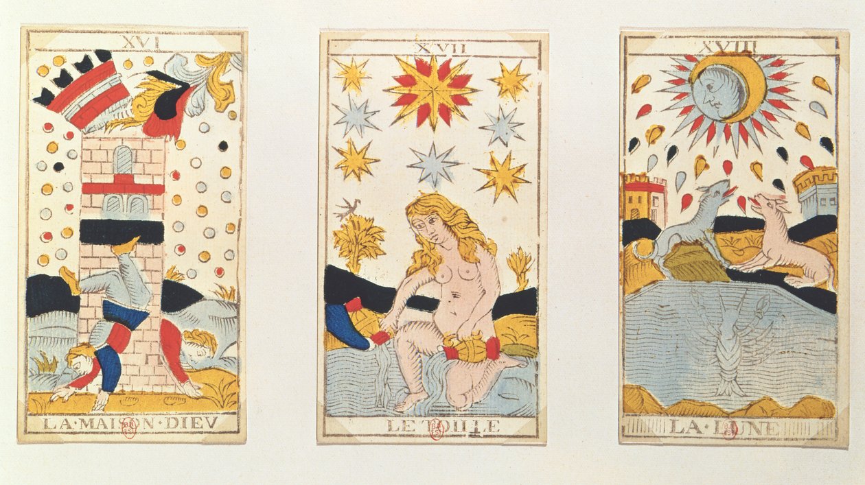 Három tarotkártya, amelyek a tornyot, a csillagot és a holdat ábrázolják (színes fametszet) alkotó: French School