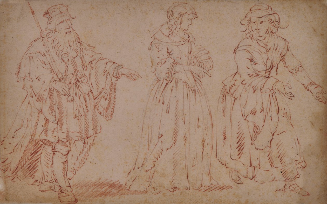 Három színházi figura: Lear király, Cordelia és szobalány alkotó: French School