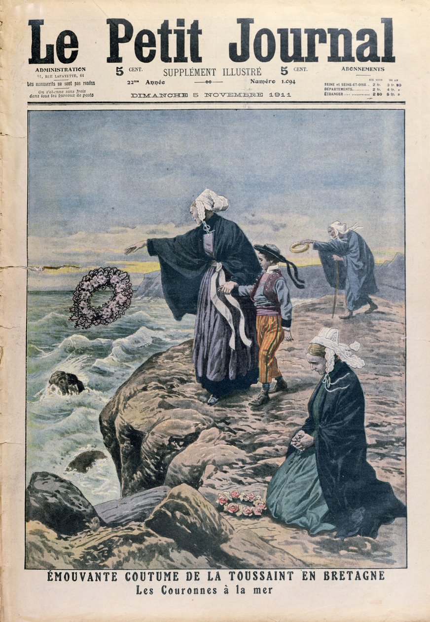 Koszorúk dobása a tengerbe Mindenszentek napján Bretagne-ban, borítóillusztráció a Le Petit Journalból, 1911. november 5. alkotó: French School