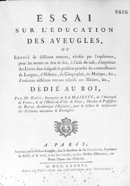 Valentin Hauy (1745-1822) „Esszé a vakok neveléséről” címlapja, 1786-ban megjelent (metszet) (f/w fotó) alkotó: French School