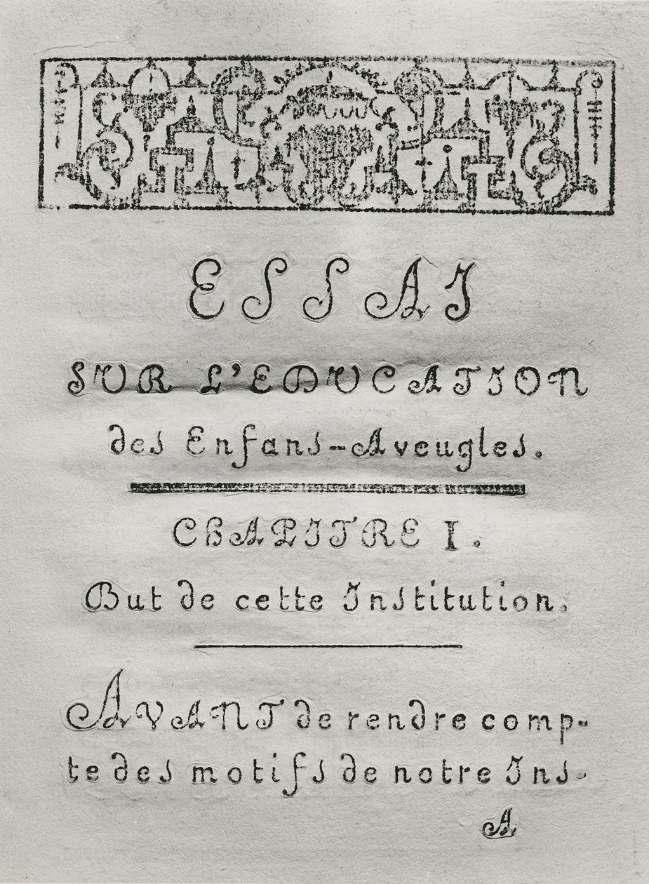 Címlap Valentin Hauy (1745-1822) 1786-ban megjelent Essai sur leducation des aveugles című könyvének első fejezetéhez alkotó: French School