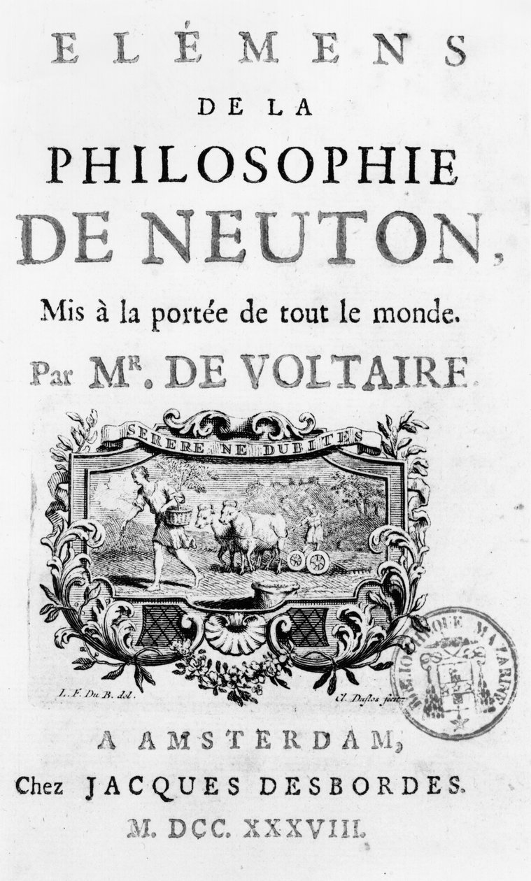 A Newton filozófiájának elemei címlapja, Francois Marie Arouet Voltaire (1694-1778), Amszterdam, 1738. alkotó: French School
