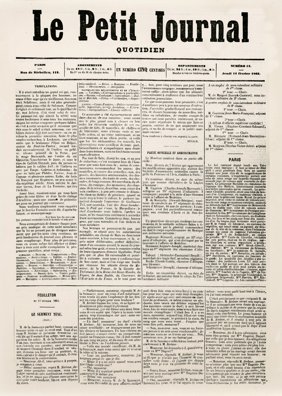 A Le Petit Journal című napilap címlapja, 1863. február 12. (nyomtatott) alkotó: French School