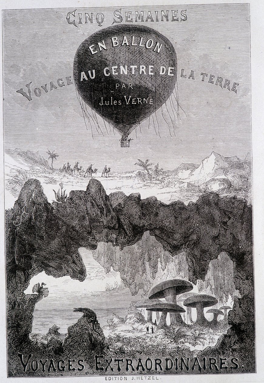 Címlap: „Öt hét léggömbben” és „Utazás a Föld középpontjába” Jules Verne, sd. Hetzel kiadások „Les Voyages Extraordinary” általános néven alkotó: French School