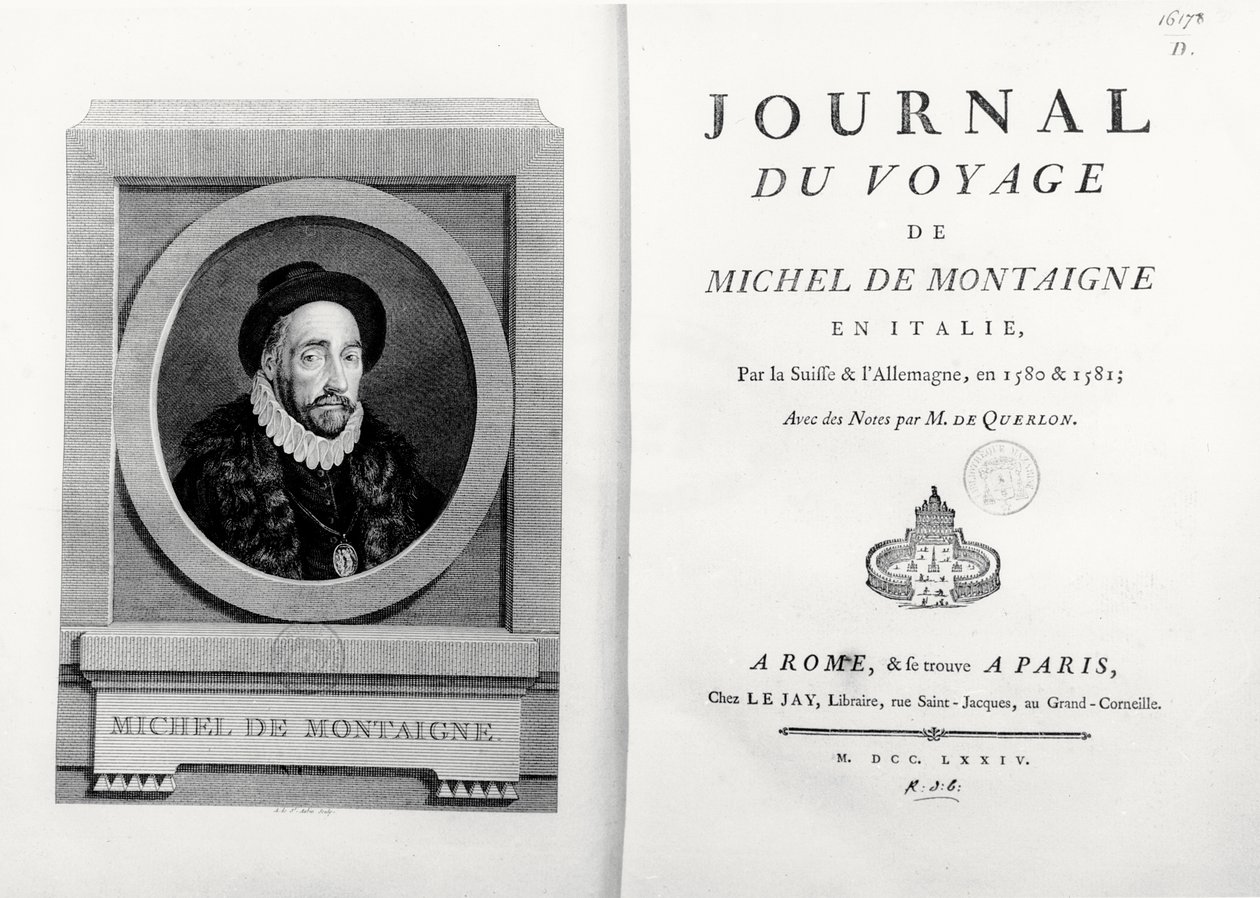 Címlap és előlap a szerző portréjával, A. de Saint Aubin, „Journal de Voyage en Italie 1580 et 1581 de Michel de Montaigne” alkotó: French School