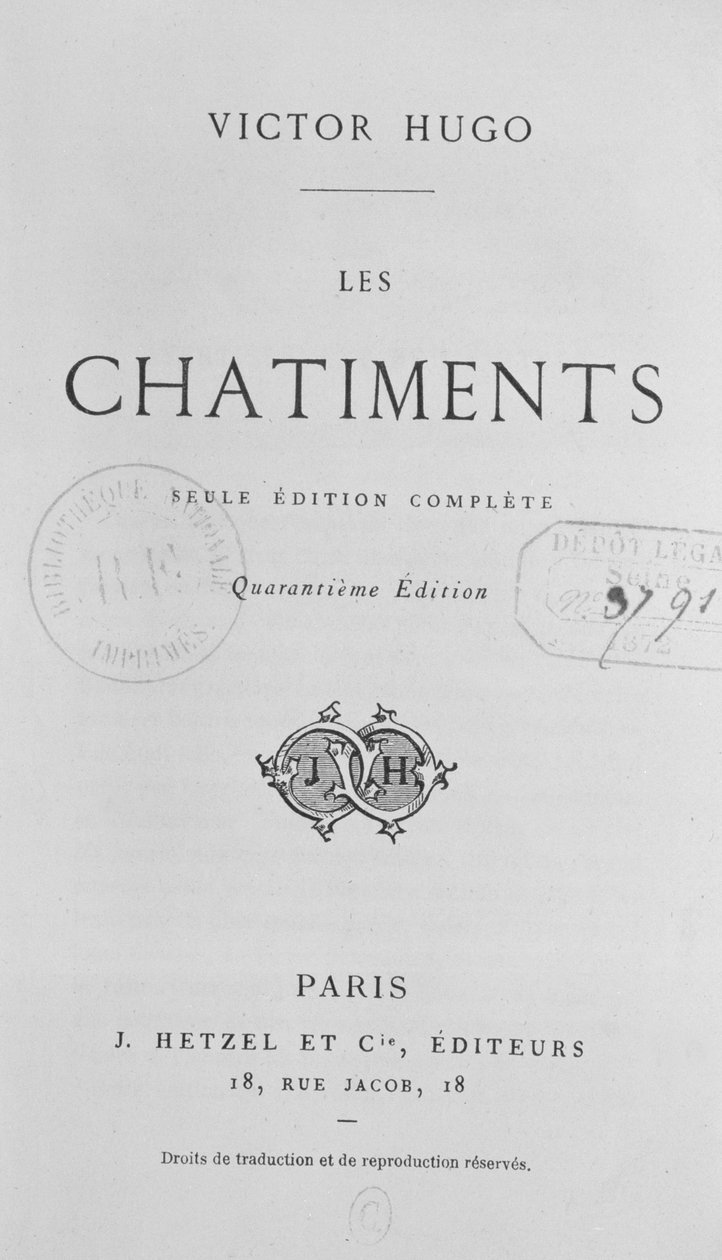 Victor Hugo (1802-85) Les Chatiments (1853) címlapja, 40. kiadás, J. Hetzel, 1872 alkotó: French School