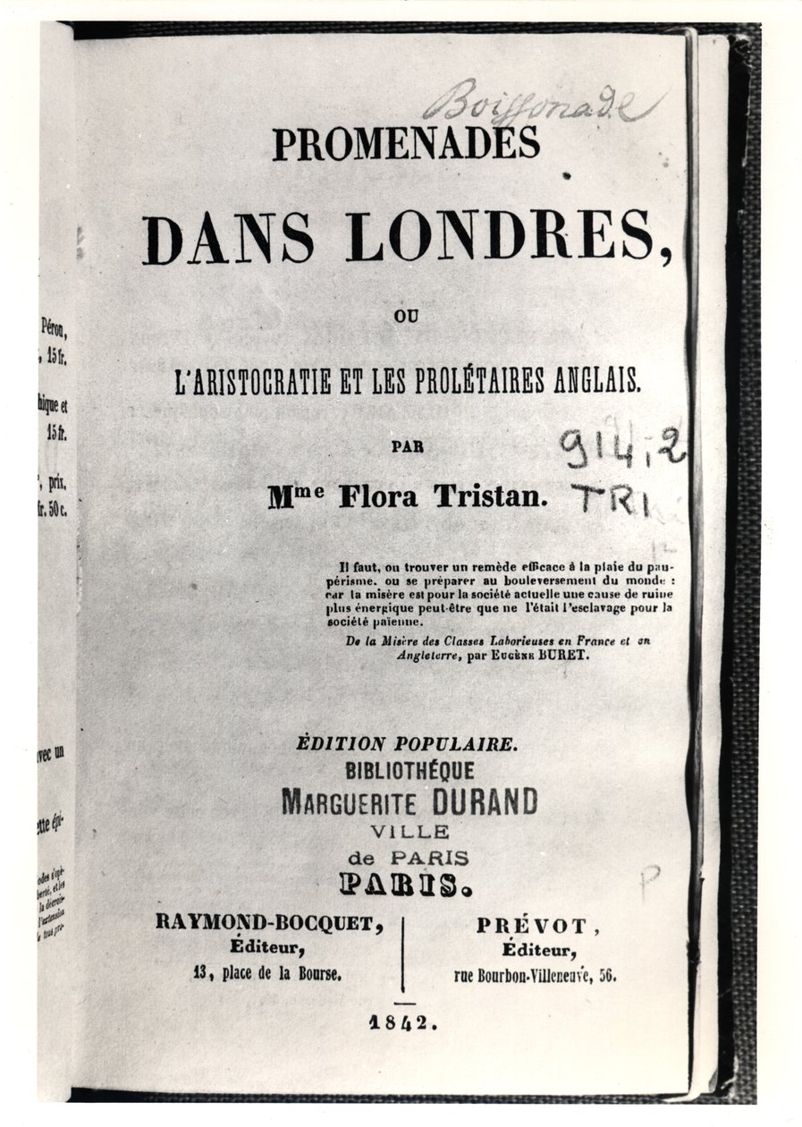 Flora Tristan (1803-44) Promenades dans Londres címlapja, Párizsban, Raymond-Bocquet et Prevot, 1842 alkotó: French School