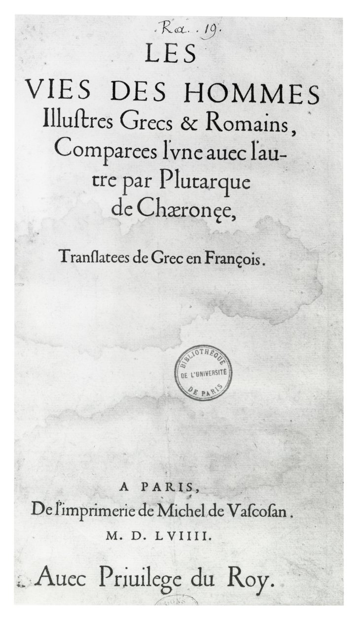 A nemes görögök és rómaiak élete címlapja, Plutarkhosz, nyomta Michel de Vascosan alkotó: French School