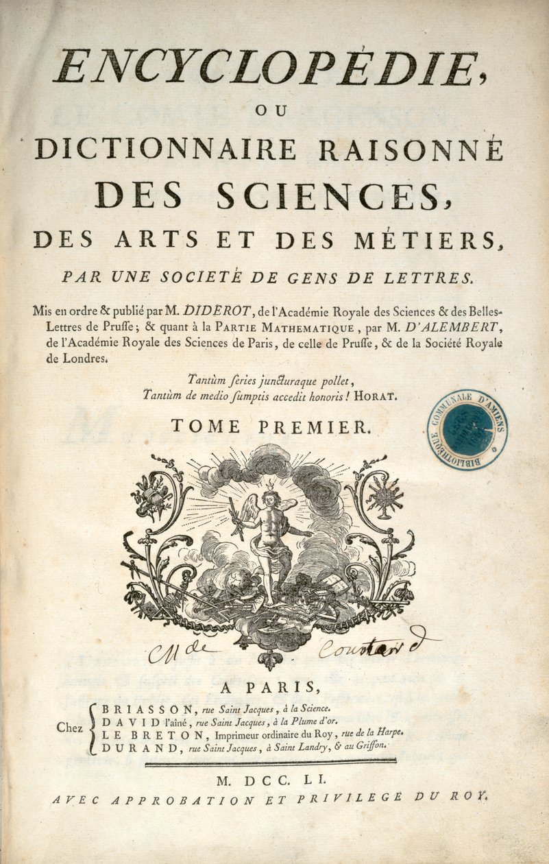 Denis Diderot és Jean le Rond dAlembert enciklopédiája első kötetének címlapja, 1751 alkotó: French School