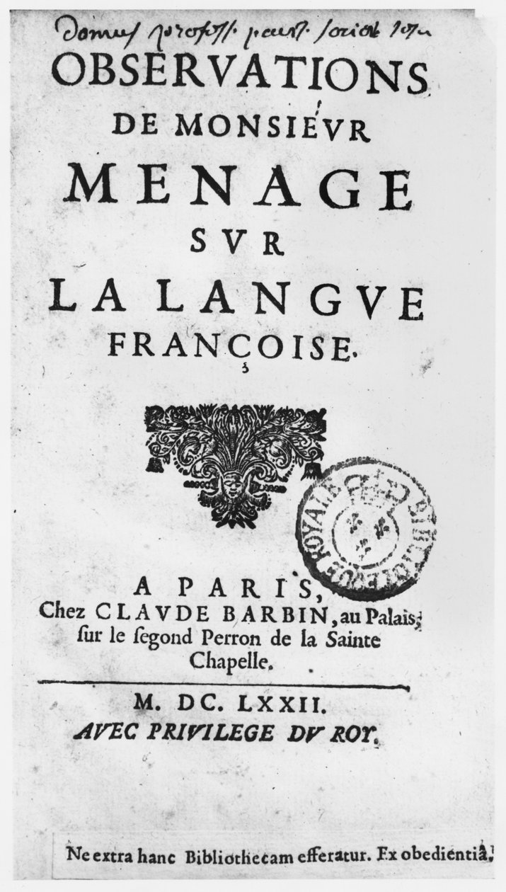 Gilles Menage (1613-92) Observations sur la langue francaise címlapja, 1672-es kiadás, Claude Barbinnál, a Palotában, a Sainte Chapelle második lépcsőjén, Párizsban (nyomtatás) alkotó: French School