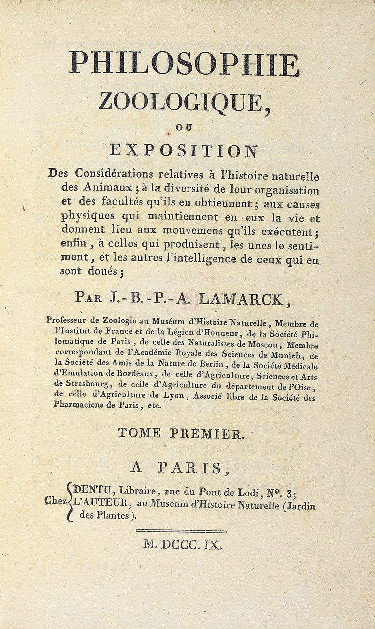Jean-Baptiste Lamarck "Zoological Philosophy" címlapja, Párizsban, 1809 alkotó: French School