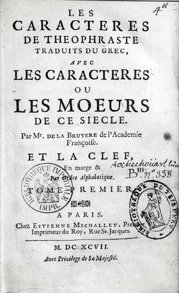 Theophrastuss Les Characteres ou les Moeurs címlapja Jean de la Bruyere fordításában (1645-96) 1697 alkotó: French School
