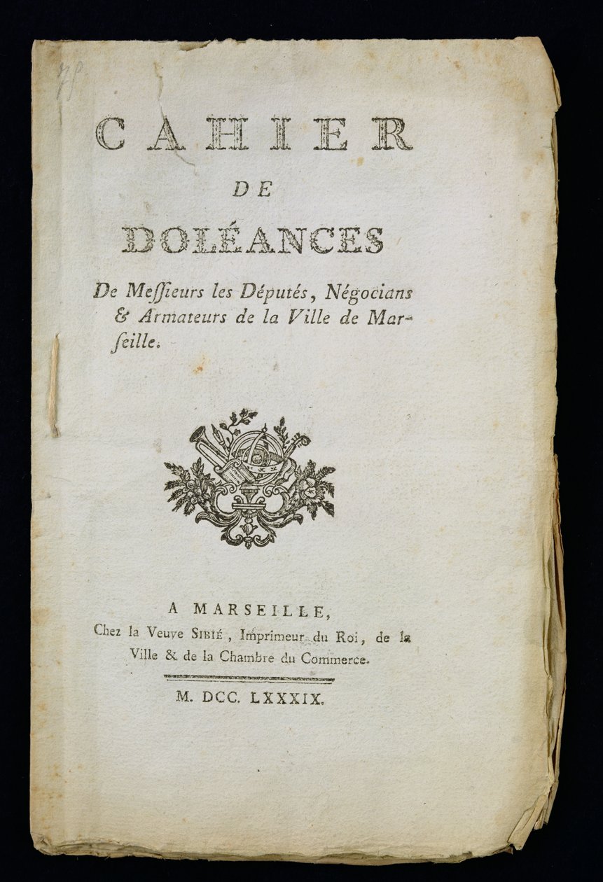 A marseille-i képviselők, kereskedők és hajótulajdonosok panaszkönyvének címlapja, 1789 alkotó: French School