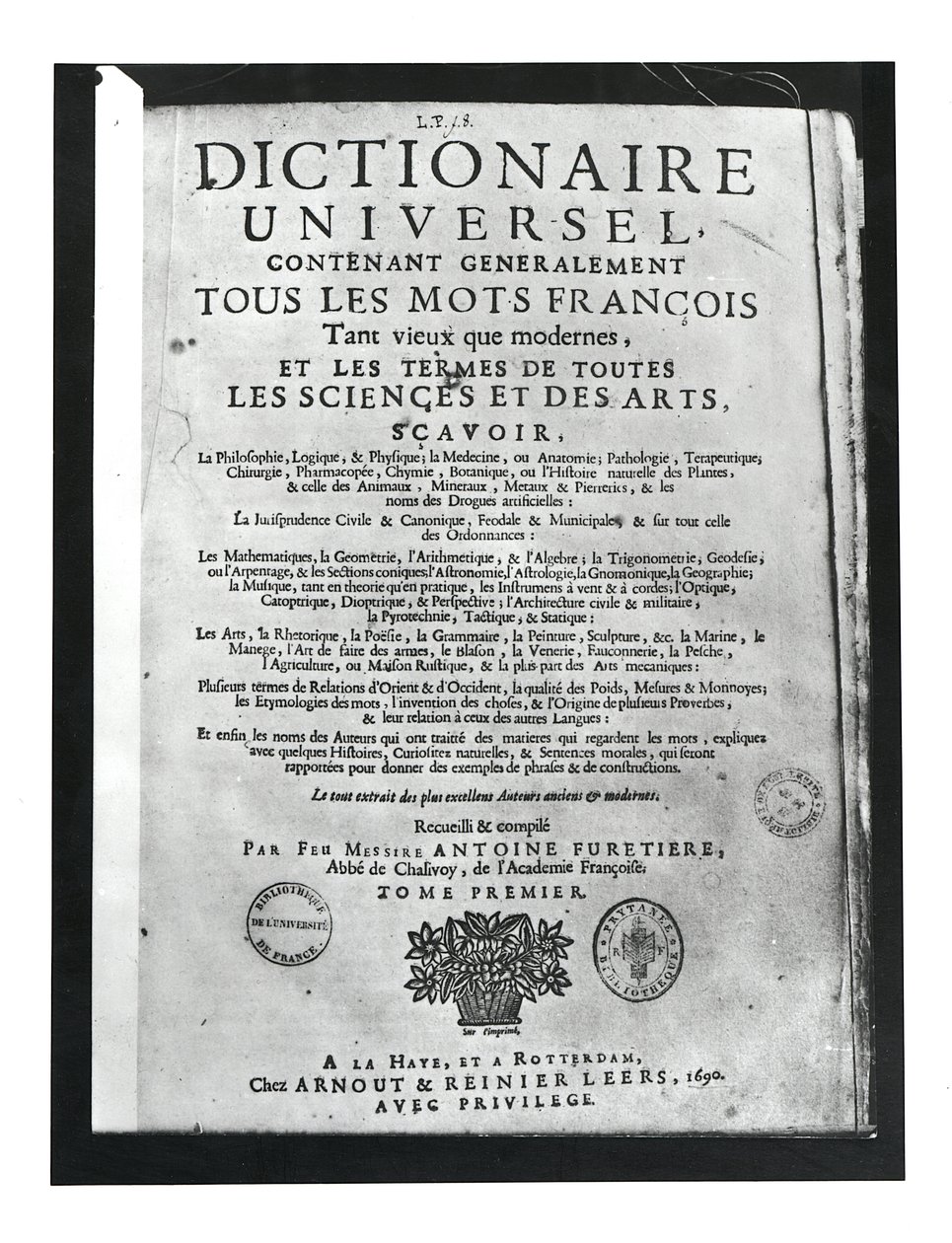 Antoine Furetiere (1619-88) Dictionnaire Universel címlapja, 1690 (nyomtatott) alkotó: French School