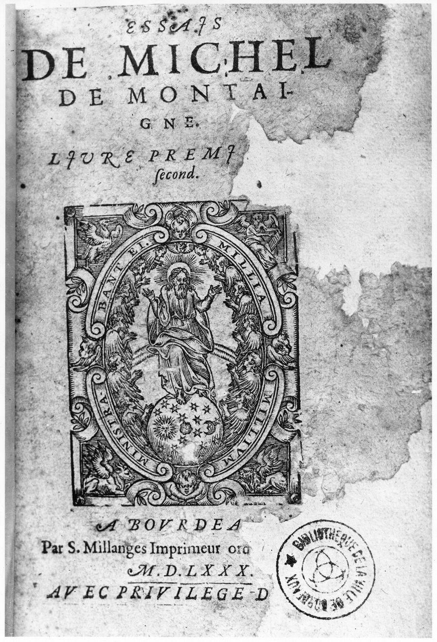 Michel de Montaigne (1533-92) Esssai első kiadásának címlapja 1580 alkotó: French School