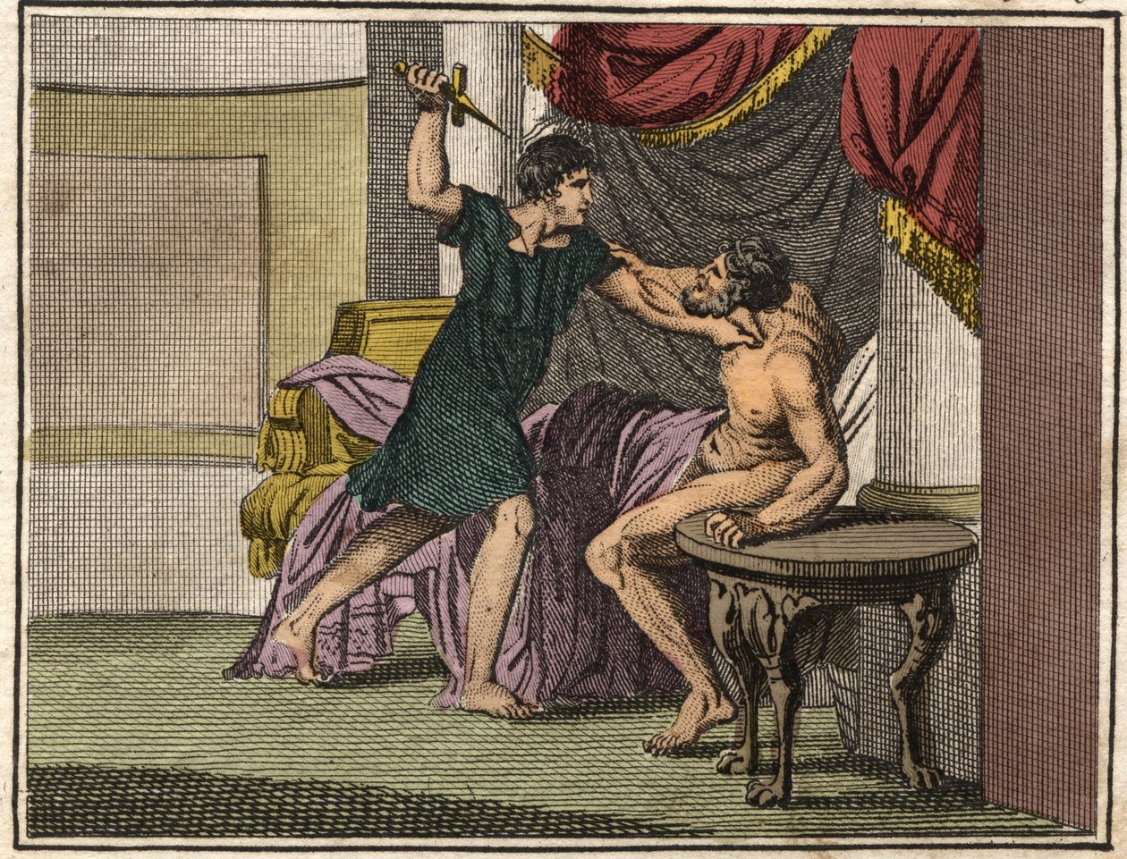 Titus Manlius Torquatus (i. e. 347-ben konzul) késsel felfegyverkezve arra kényszeríti Marcus Pomponius tribünt, hogy vonja vissza az apja, Lucius Manlius Capitolius Imperiosus elleni vádakat. alkotó: French School