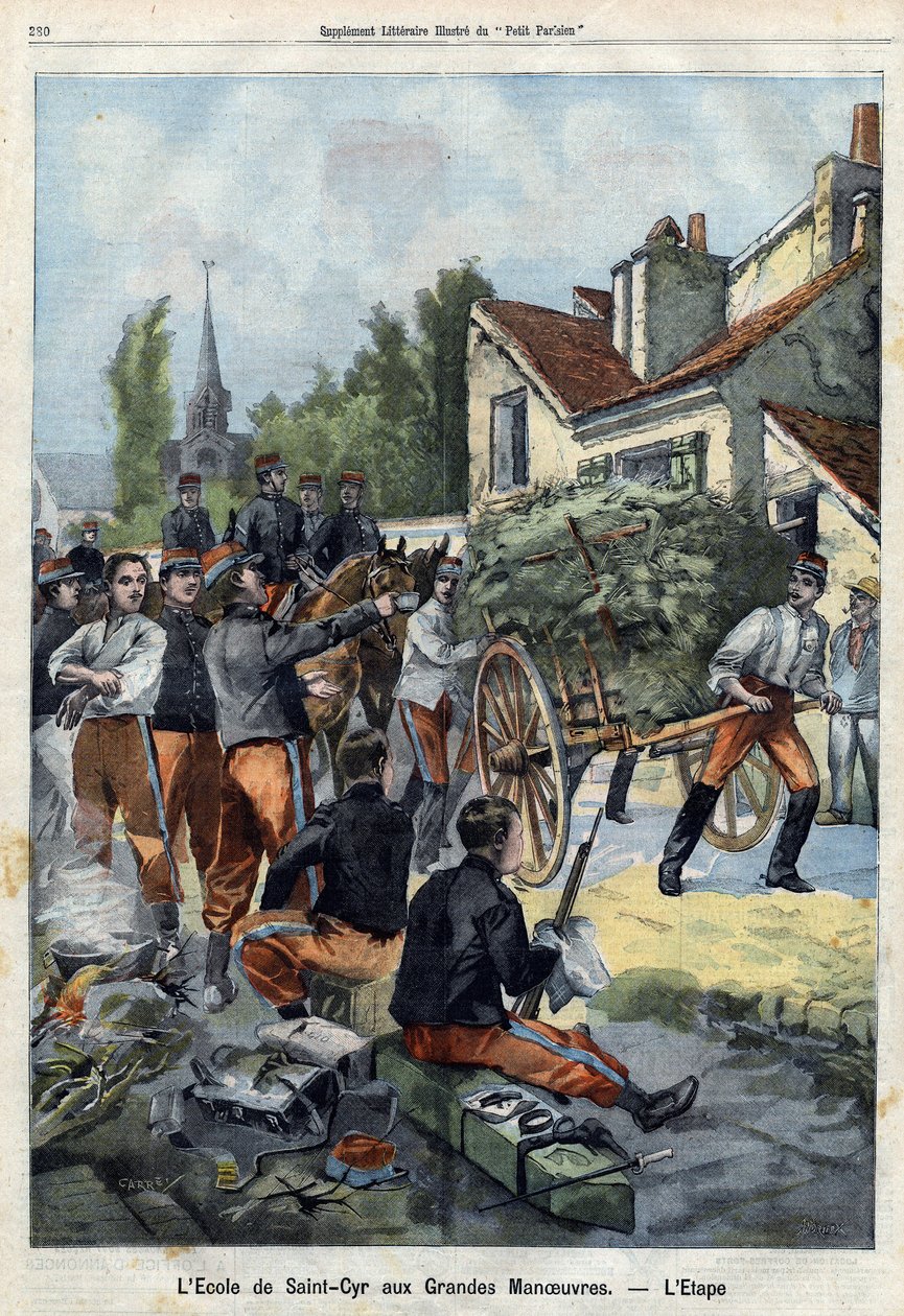 Hogy képet adjunk egy katona életéről a terepen, a Saint Cyr iskola diákjait manőverre küldik, hogy végezzék el saját ellátási feladataikat. Metszet a „Le Petit Parisien”-ben 1901.09.01-én (metszet) alkotó: French School