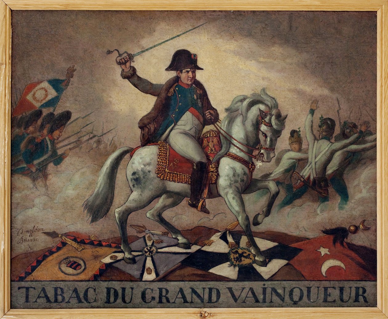 A nagy nyertes dohánynak. (Bonaparte Napóleon (1769-1821), csapatait csatába vezető lovas portré. A vászon hátoldalán négysoros: „” Vállalkozásainak sikere,/Száz harcban aratott győzelmei,/Ne legyen más titka/Egy venni alkotó: French School