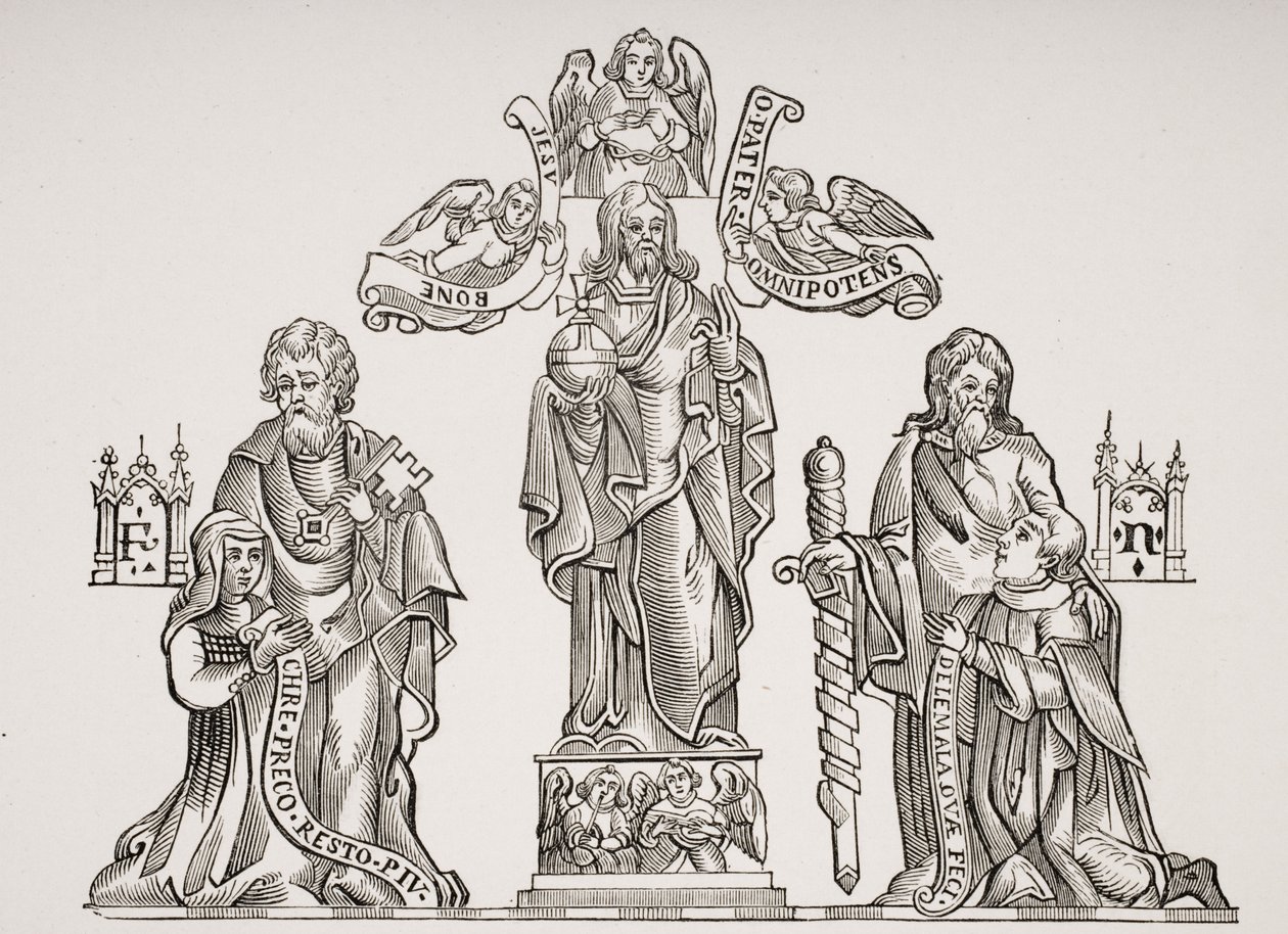 Nicholas Flamelt (kb. 1330-kb. 1418) és feleségét, Pernelle-t ábrázoló sírdísz a párizsi Ártatlanok temetőjében, Paul Lacroix (1806-84) Le Moyen Age et La Renaissance című művéből. alkotó: French School
