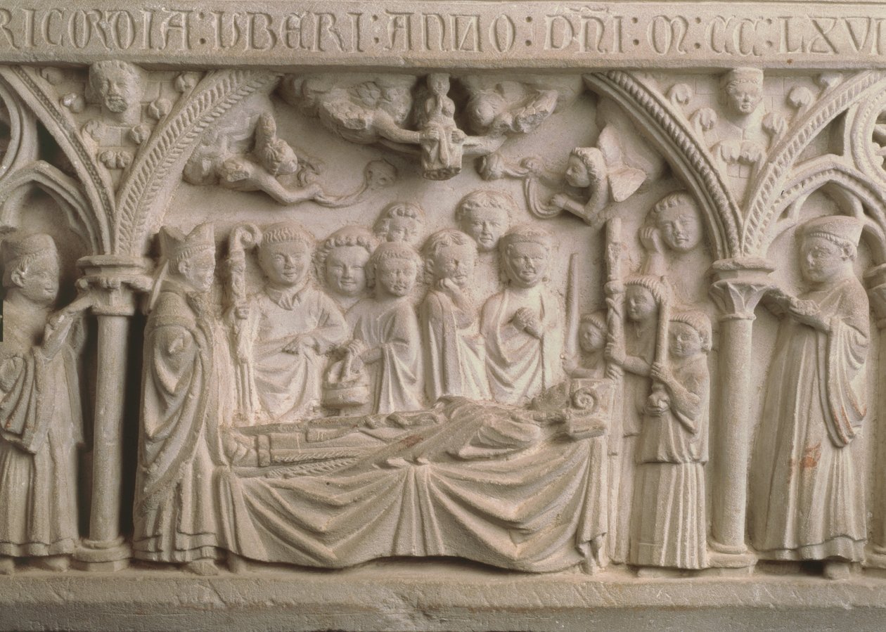 Radulphe püspök sírja (megh. 1266), részlet a szarkofágból, amely egy körmenetet és Radulphes lelkének a mennybe vitelét ábrázolja (lásd még: 171276) alkotó: French School