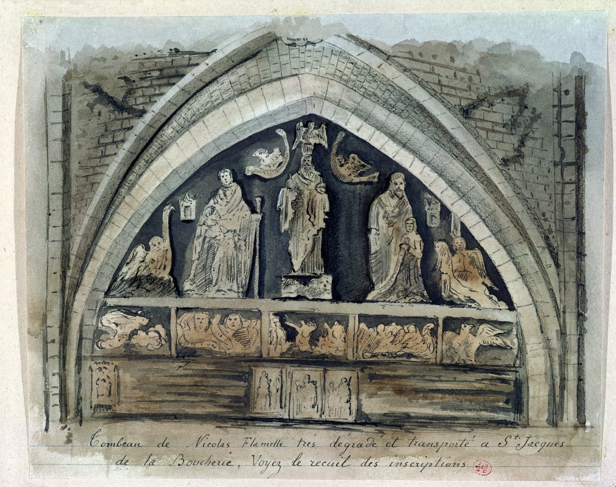 Nicolas Flamel (kb. 1330-1418) sírja a Cimetiere des Innocents-ben (papíron lévő wc) alkotó: French School