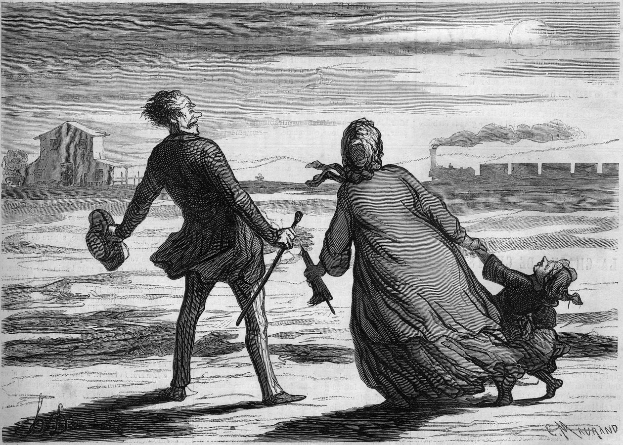 Túl késő! : egy család éppen lekéste a vonatát. Honore Daumier (1808-1879) rajzfilmje. Metszet a „” Le Monde Illustré”” 286. számában, október 4-én alkotó: French School
