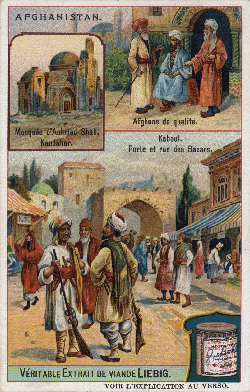 Tetején: Achmed Shah mecset Kandahárban és gazdag afgánok portréi. Alul: Kabul bazár Afganisztánban. századi reklámkromolitográfiája. alkotó: French School