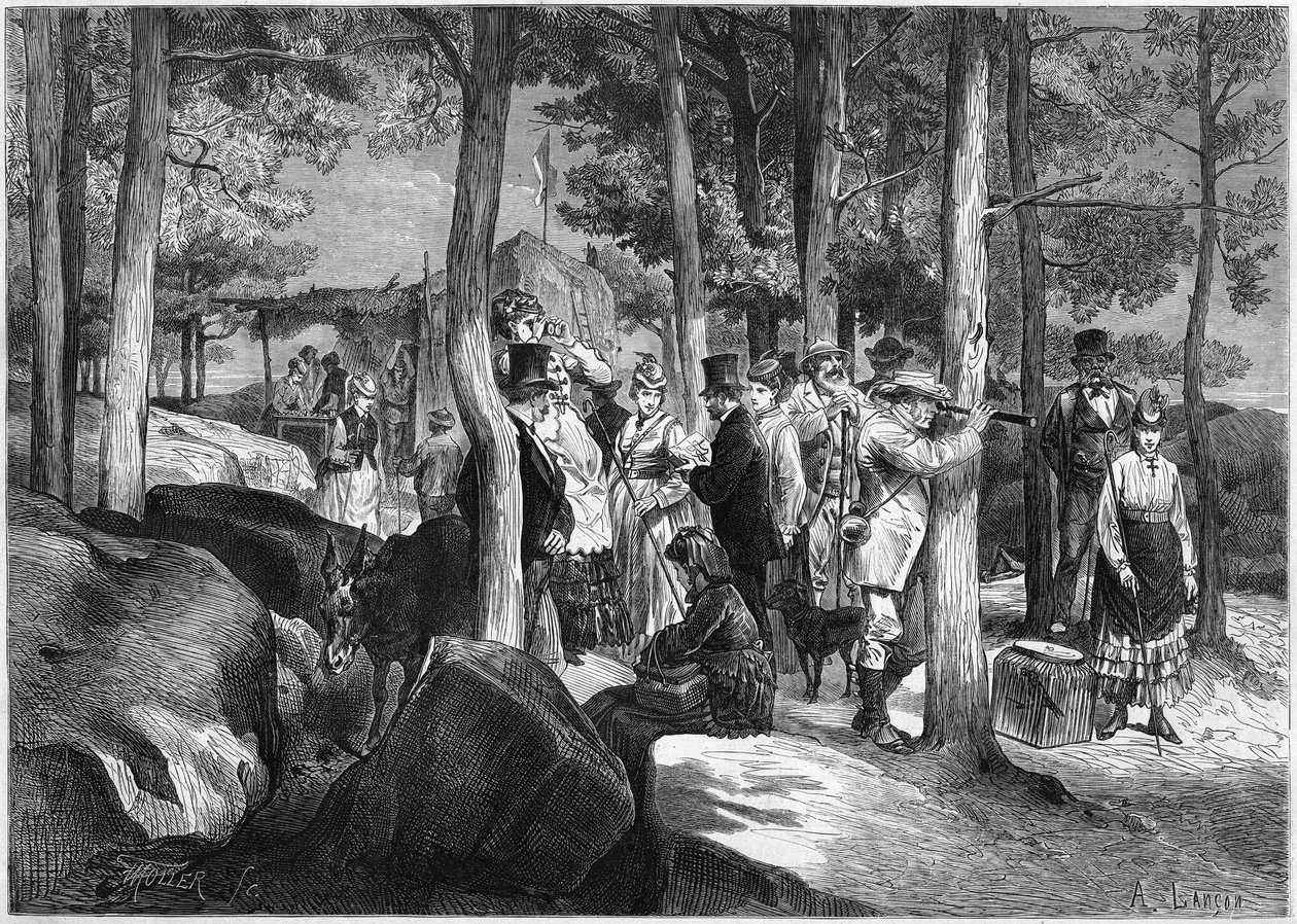 Tourists at the gorges of Apremont, near the entrance of the cave, in the forest of Fontainebleau alkotó: French School