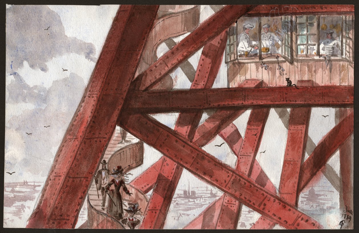 Turisták az Eiffel-toronyban. (illusztráció alkotó: French School