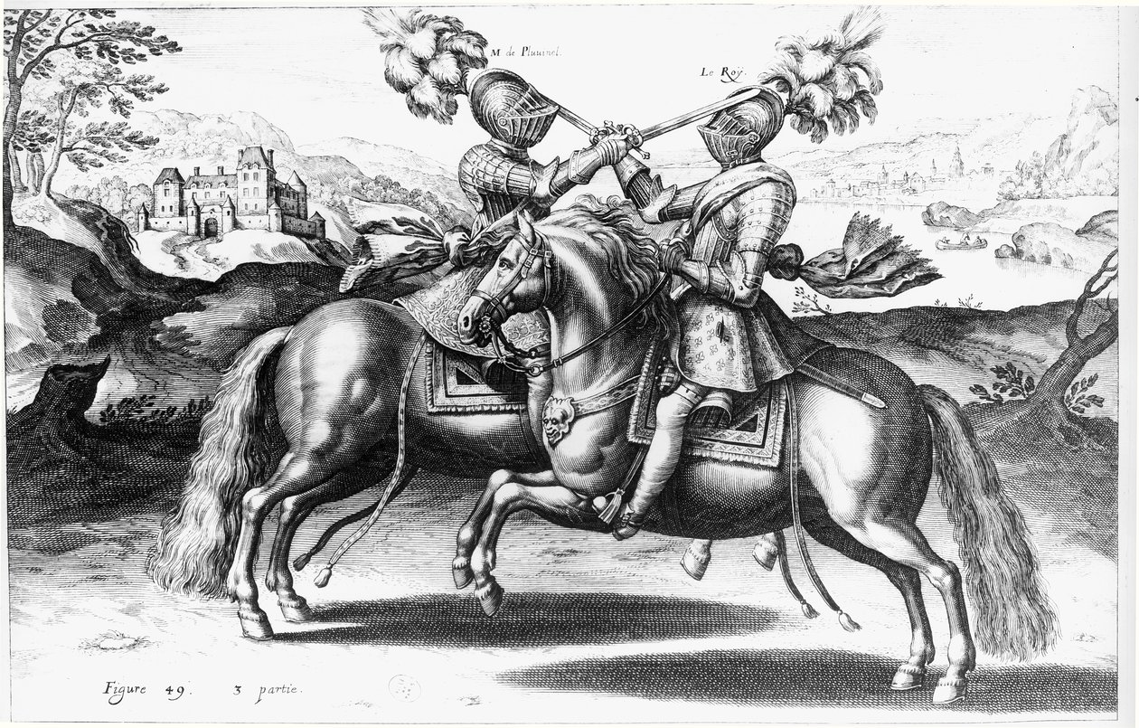 IV. Henrik (1553-1610) és Antoine de Pluvinel (1555-1620) közötti tornajelenet. alkotó: French School
