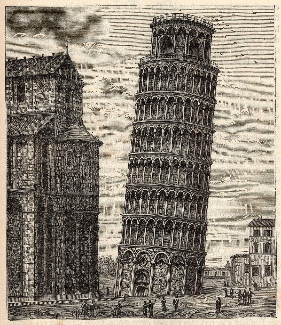 Pisa torony - Torre di Pisa - Tour de Pisa - Metszet a „”-ba A tudományok mindenki rácsára kerülnek - Népszerű fizika és kémia, Alexis Clerc - 19. század vége - Magángyűjtemény alkotó: French School