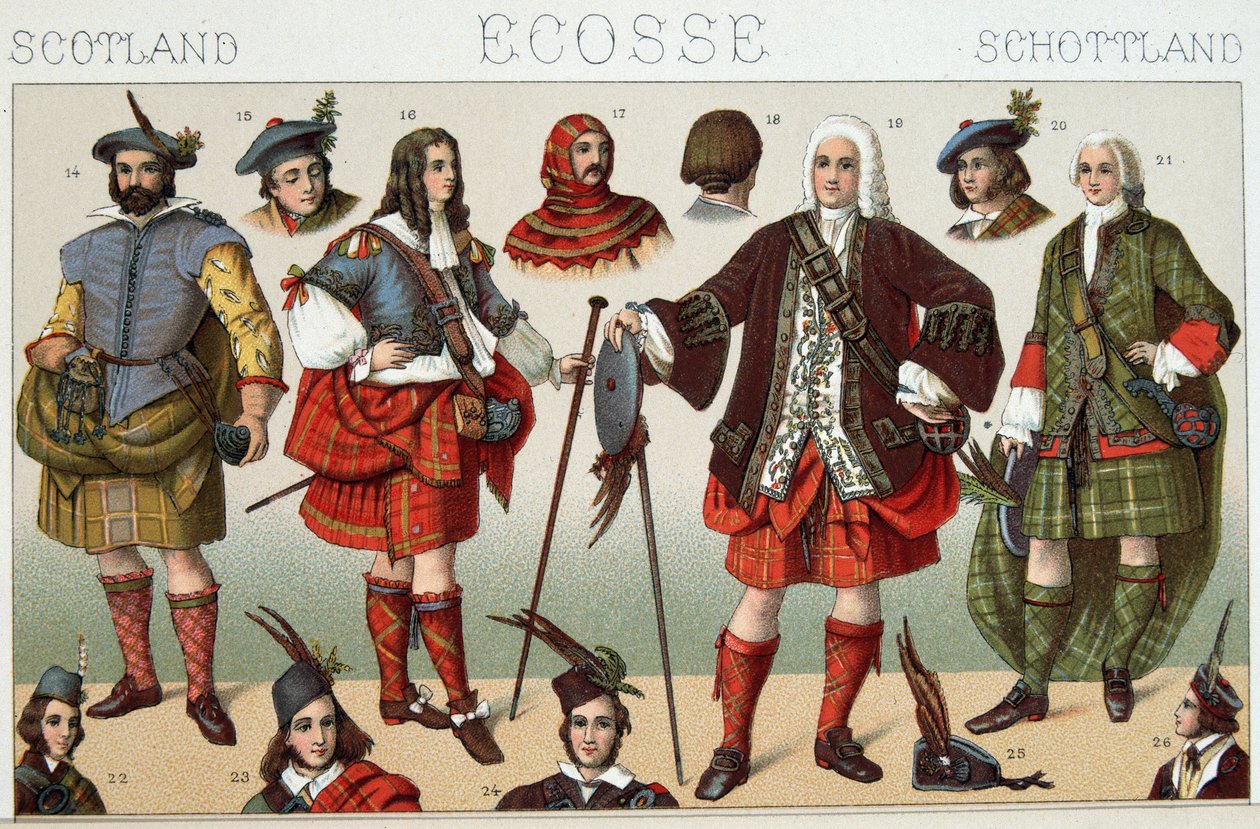Tradicionális skót viseletek – Racinet „” Le costume historique” című könyvében alkotó: French School