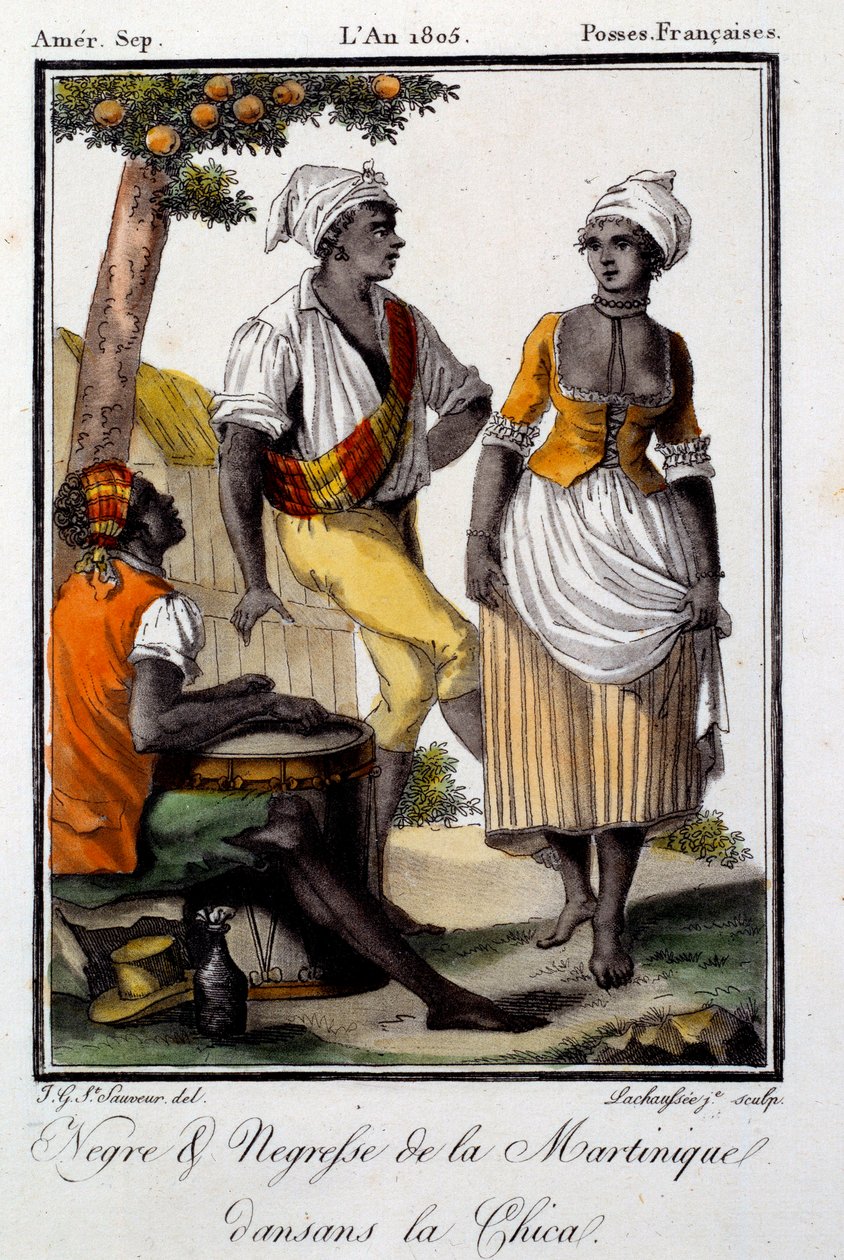 Hagyományos tánc: Martinique lakói chicát táncolnak. Metszet 1805-ből. Chartres, Szépművészeti Múzeum alkotó: French School