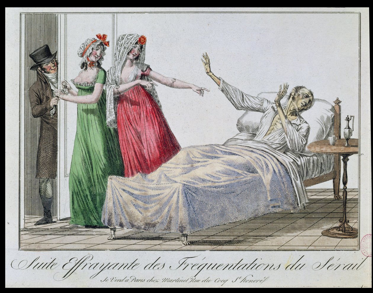 A bordélyházakba járás tragikus következménye, szifilitikus karikatúrája, 1800 körül (színes metszet) alkotó: French School