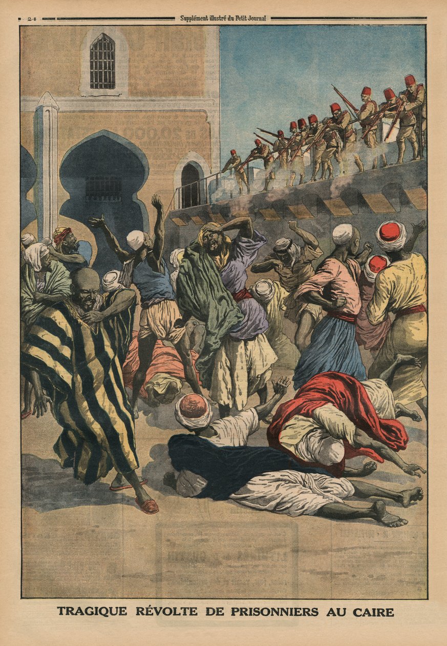 A foglyok tragikus lázadása Kairóban, a hátsó borító illusztrációja a „Le Petit Journal”-ból, mellékelt illusztráció, 1914. január 18. alkotó: French School