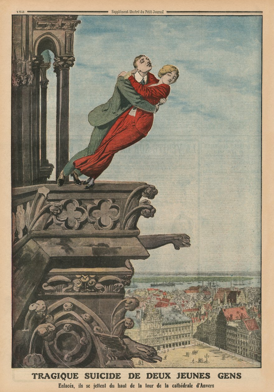 Két fiatal tragikus öngyilkossága az antwerpeni katedrális tornyából, a hátsó borító illusztrációja a „Le Petit Journal”-ból, mellékillusztráció, 1913. május 11. alkotó: French School